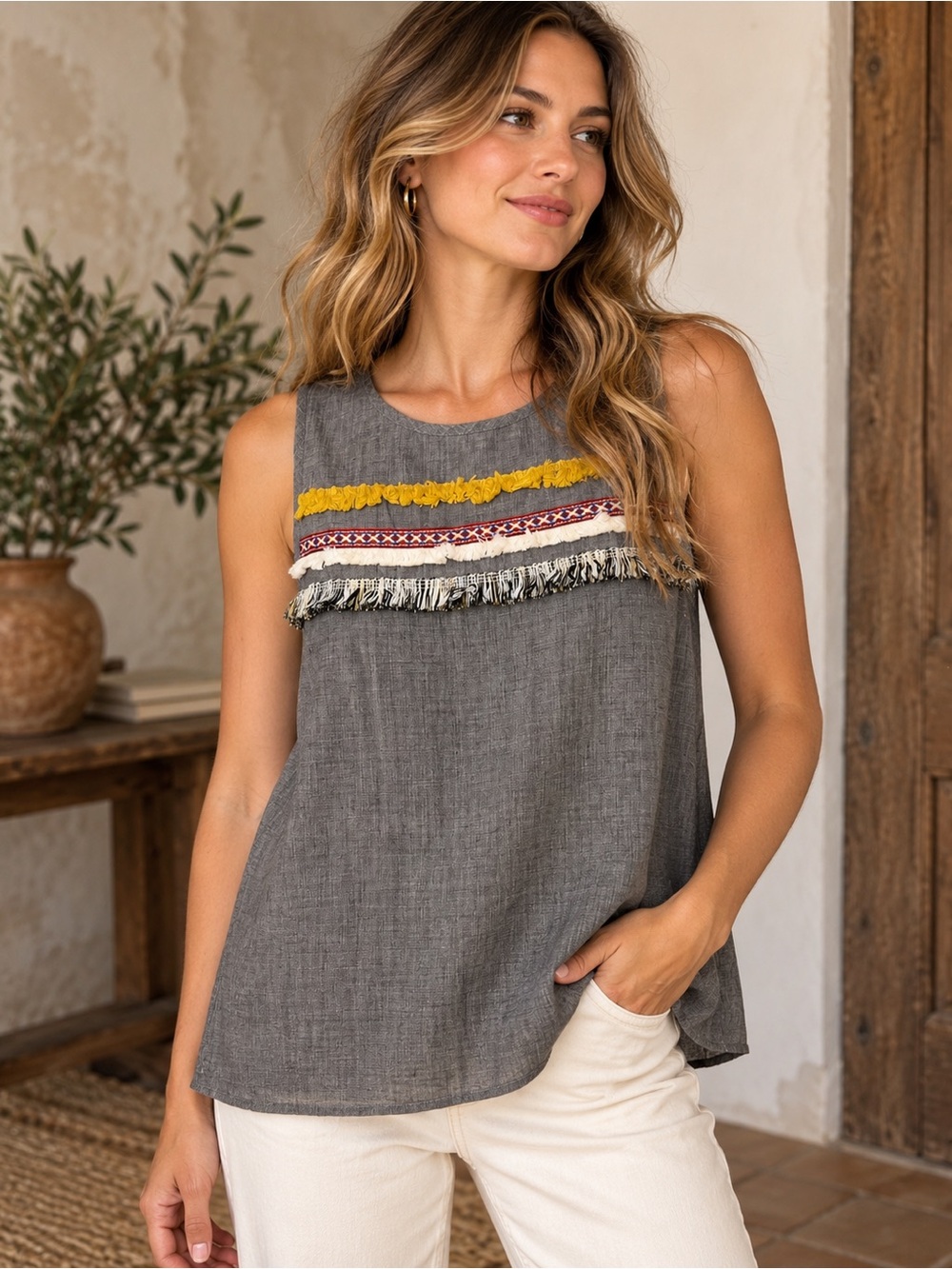 THML Gray Boho Fringe Embroidered Sleeveless Tank Top Medium